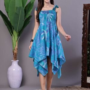 Women's Blue Printed Asymmetrical Hem Smocked A-Line Dress Midi Dresses