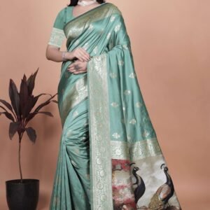 Elegant Sea Green Silk Saree with Golden Zari & Peacock Motif Pallu | Wedding, Festive & Traditional Wear